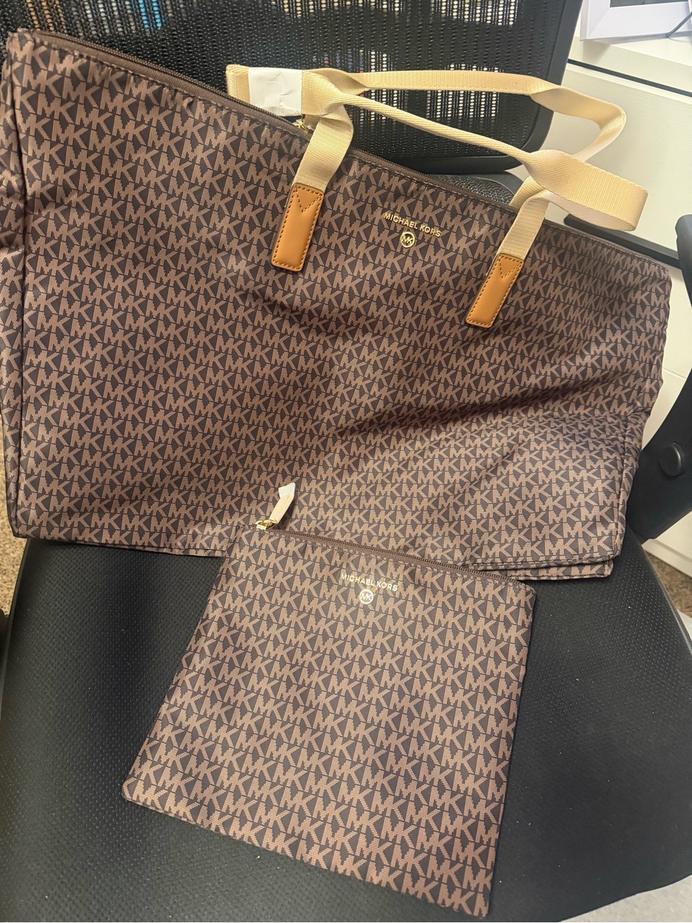 Michael Kors Brown MK Monogram Tote with Matching Pouch